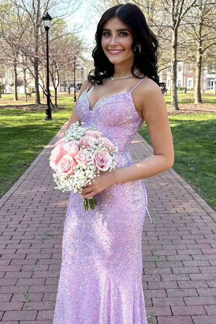 Spaghetti Straps V-Neck Sequined Sleeveless Sparkly Prom Dress