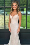 Spaghetti Straps V-Neck Sequins Mermaid Sleeveless Prom Dress