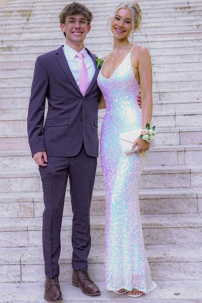 Spaghetti Straps V-Neck Sequins Sleeveless Mermaid Sleeveless Prom Dress