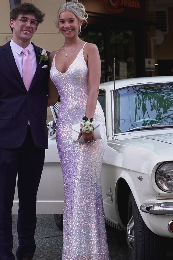 Spaghetti Straps V-Neck Sequins Sleeveless Mermaid Sleeveless Prom Dress