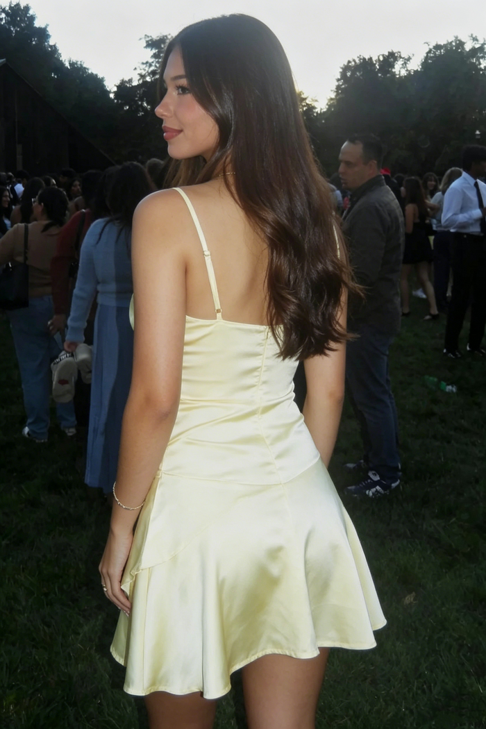 Spaghetti Straps Yellow V-Neck Ruffles Satin Sleeveless Short Homecoming Party Dress