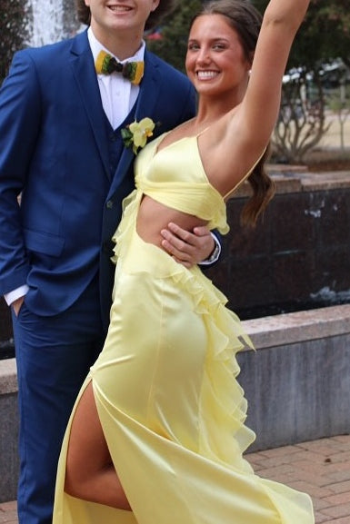 Spaghetti Straps Yellow V-Neck Side Slit Ruffle Long Prom Dress