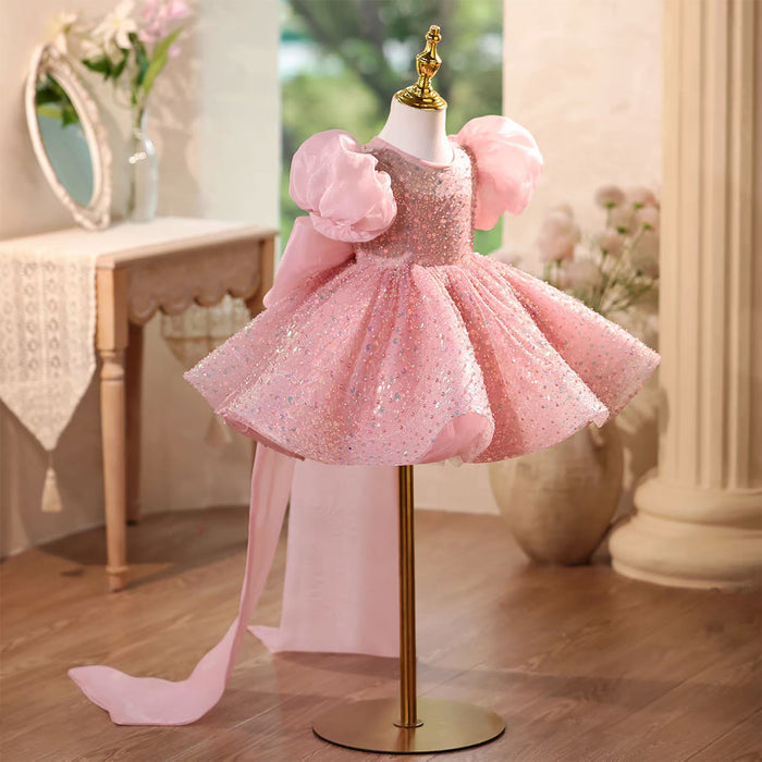 Sparkling Pink Flower Girl Dress with Puffy Sleeves Knee Length D111