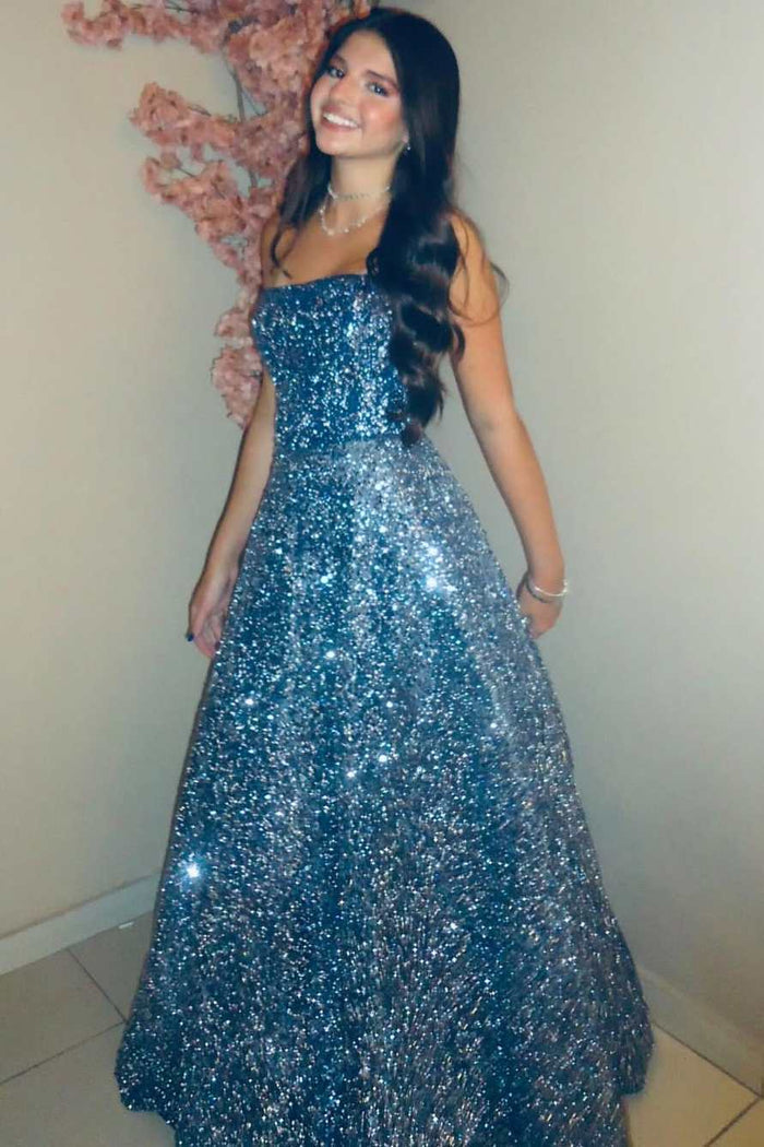 Sparkly A-Line Strapless Empire-Waist Sleeveless Long Prom Dress
