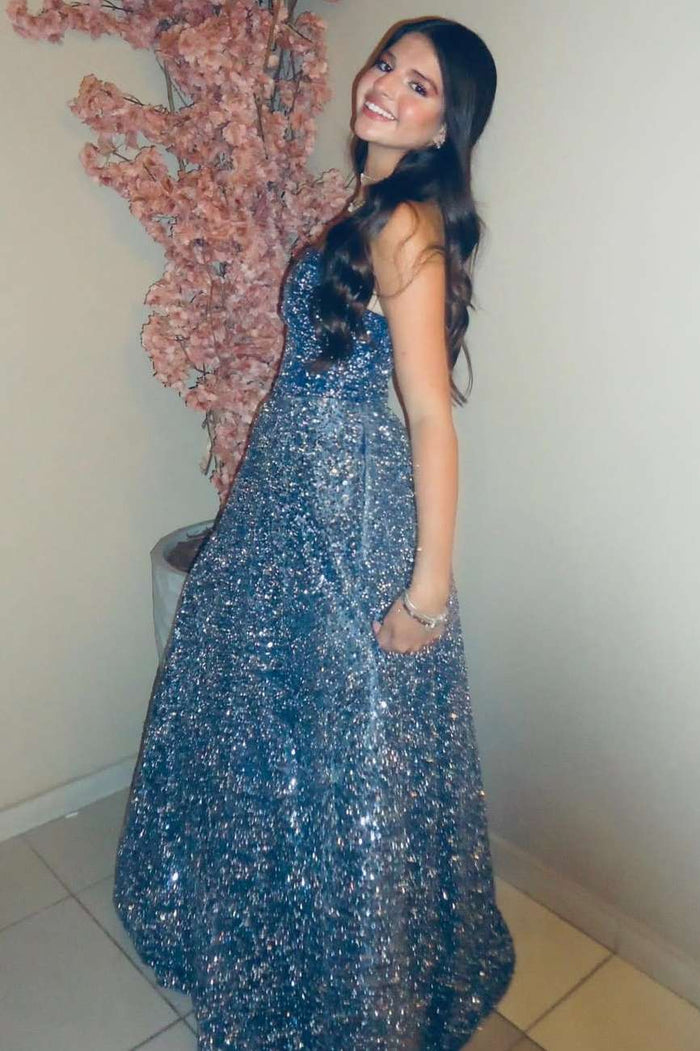 Sparkly A-Line Strapless Empire-Waist Sleeveless Long Prom Dress