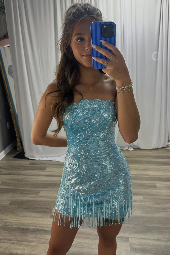 Sparkly Blue Strapless Sequined Sleeveless Mini Homecoming Dress with Tassel