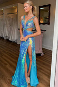 Sparkly Blue Trumpet V-Neck Sequined Long Prom Dress with Slit