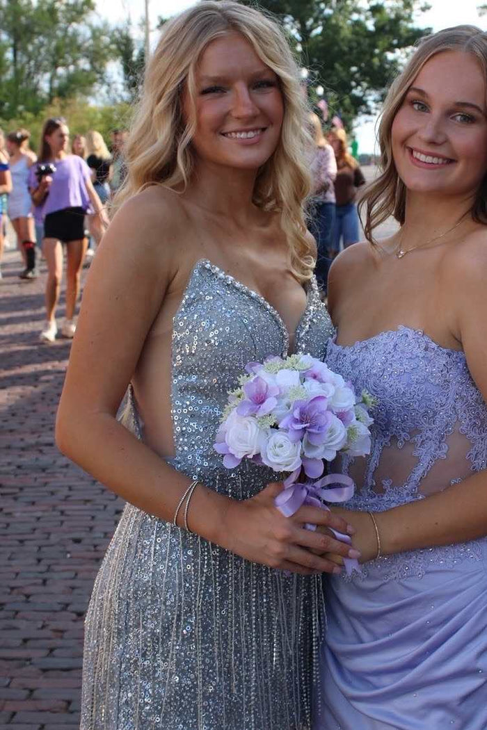 Sparkly Strapless V-Neck Illusion Sleeveless Tassel Short Homecoming Dress