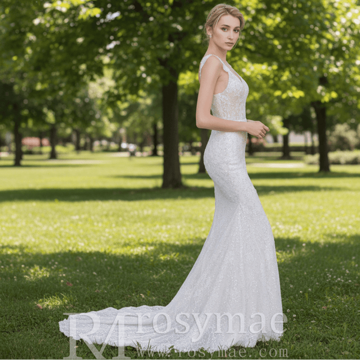 Sparkly Tank Strapy Sequins Mermaid Wedding Dress - Rosymae