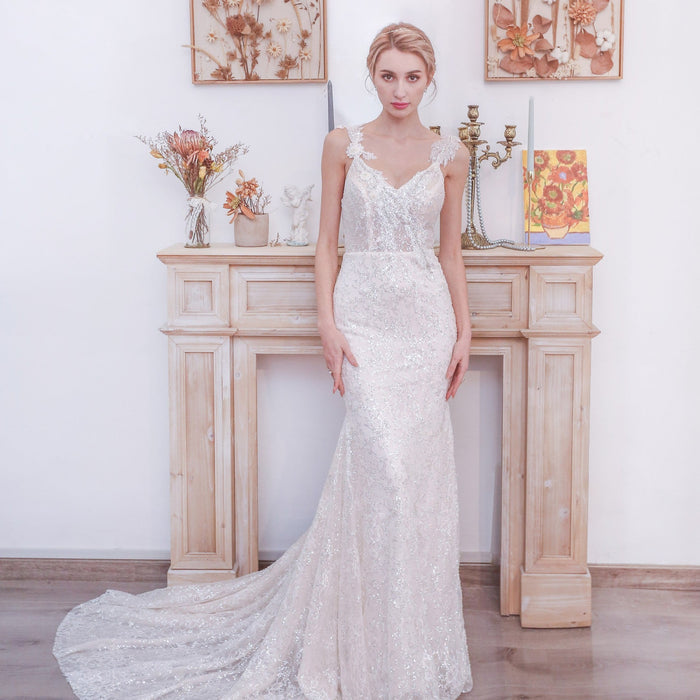 Sparkly Tank Strapy Sequins Mermaid Wedding Dress - Rosymae