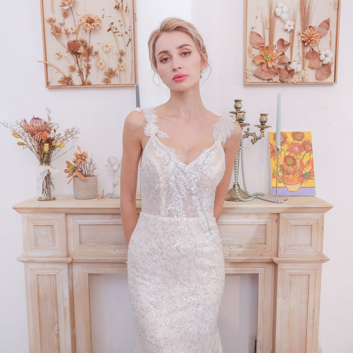 Sparkly Tank Strapy Sequins Mermaid Wedding Dress - Rosymae