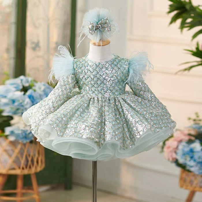 Sparkly Turquoise Girl Dress Long Sleeve Knee Length Arabic J093