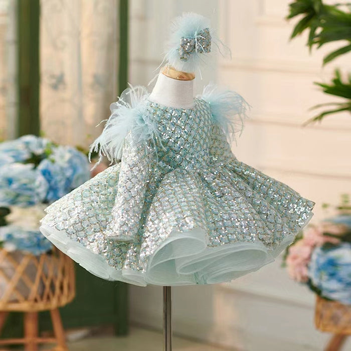 Sparkly Turquoise Girl Dress Long Sleeve Knee Length Arabic J093