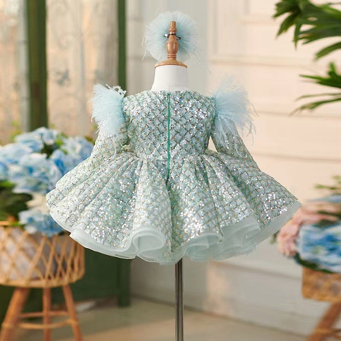 Sparkly Turquoise Girl Dress Long Sleeve Knee Length Arabic J093