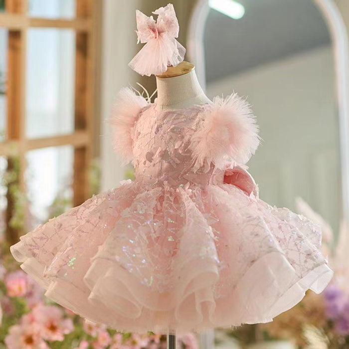 Sparkly White Girl Dress Pink Knee Length for Birthday Party J268