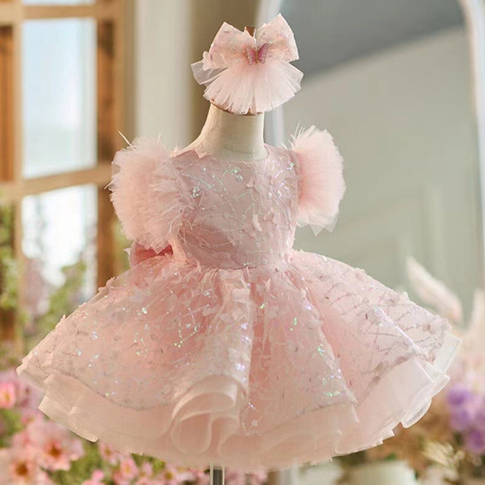 Sparkly White Girl Dress Pink Knee Length for Birthday Party J268