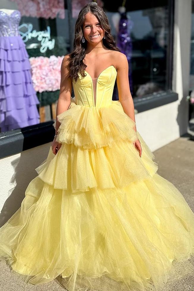 Strapless A-Line Empire-Waist V-Neck Tiered Tulle Sleeveless Prom Dress