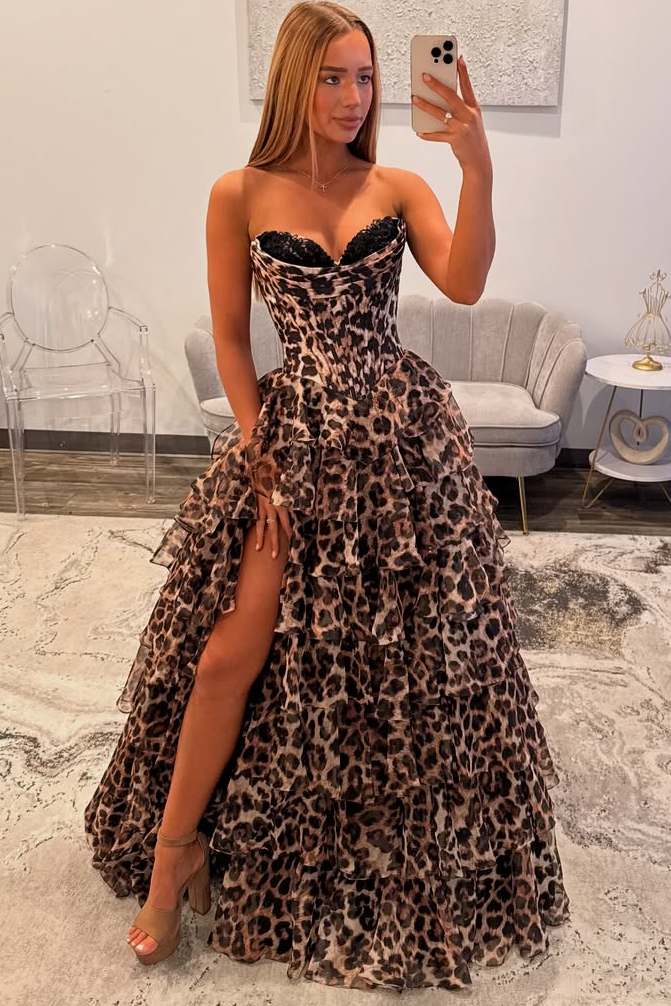 Strapless A-Line Leopard Print Empire-Waist Ruffles Prom Dress with Slit
