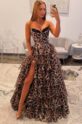 Strapless A-Line Leopard Print Empire-Waist Ruffles Prom Dress with Slit