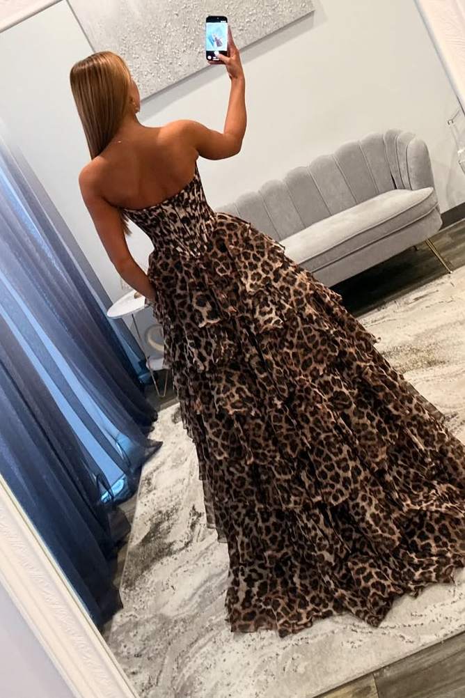 Strapless A-Line Leopard Print Empire-Waist Ruffles Prom Dress with Slit