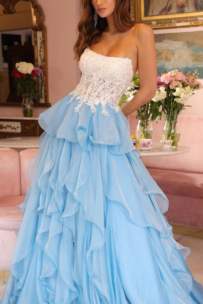 Strapless A-Line Ruffles Scoop Top Lace Empire-Waist Long Prom Dress