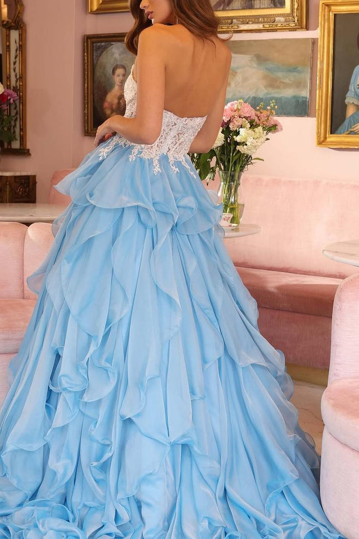Strapless A-Line Ruffles Scoop Top Lace Empire-Waist Long Prom Dress