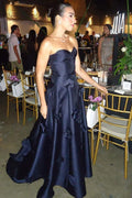 Strapless A-Line Satin Sweetheart Appliques Sleeveless Formal Prom Dress