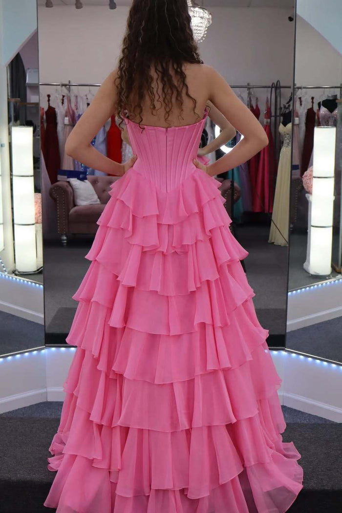 Strapless A-Line Scoop Neck Sleeveless Chiffon Ruffles Long Prom Dress with Slit