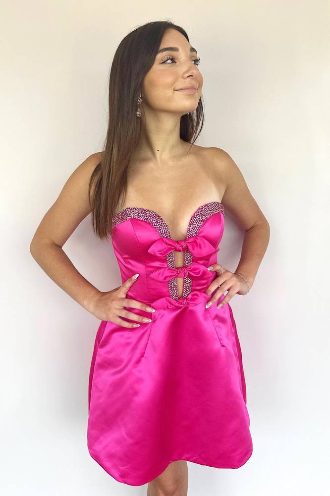 Strapless Black A-Line Beaded Satin Homecoming Dress