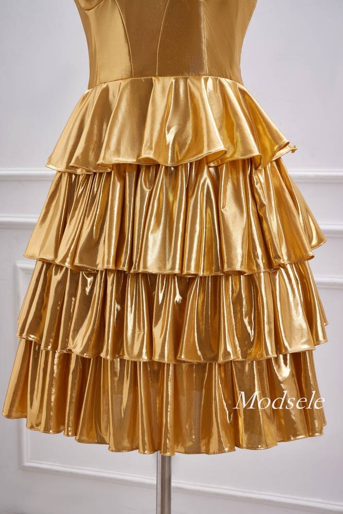 Strapless Gold Metallic A-Line Ruffle Homecoming Dress