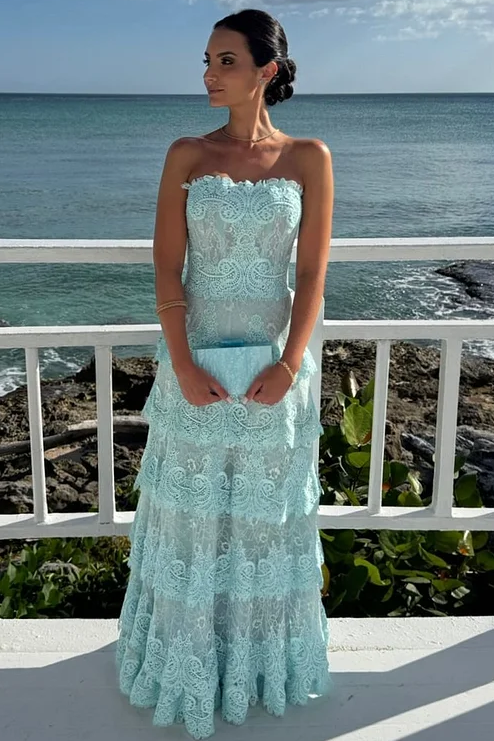 Strapless Lace Appliques A-Line Layered Sleeveless Long Prom Dress