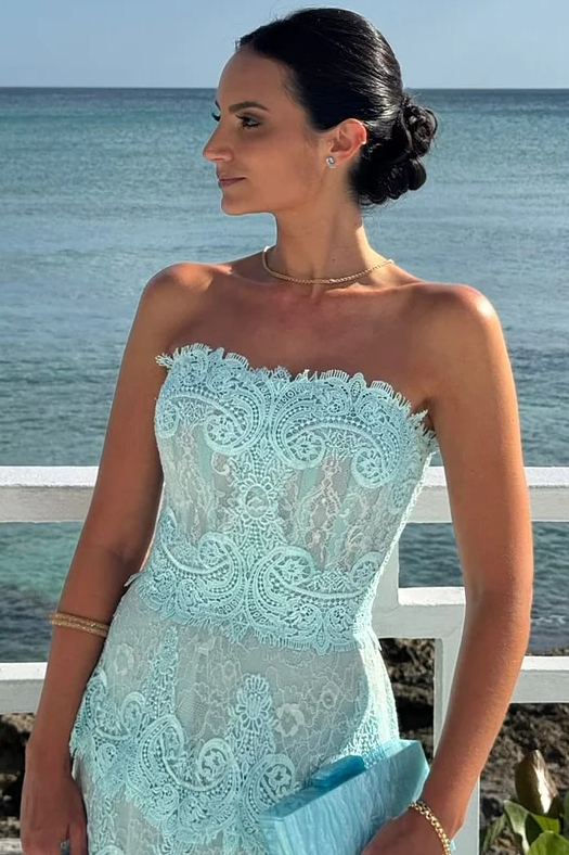 Strapless Lace Appliques A-Line Layered Sleeveless Long Prom Dress