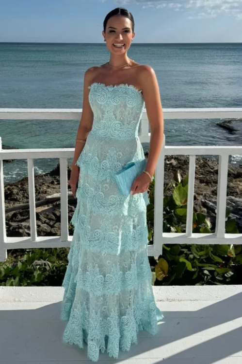 Strapless Lace Appliques A-Line Layered Sleeveless Long Prom Dress