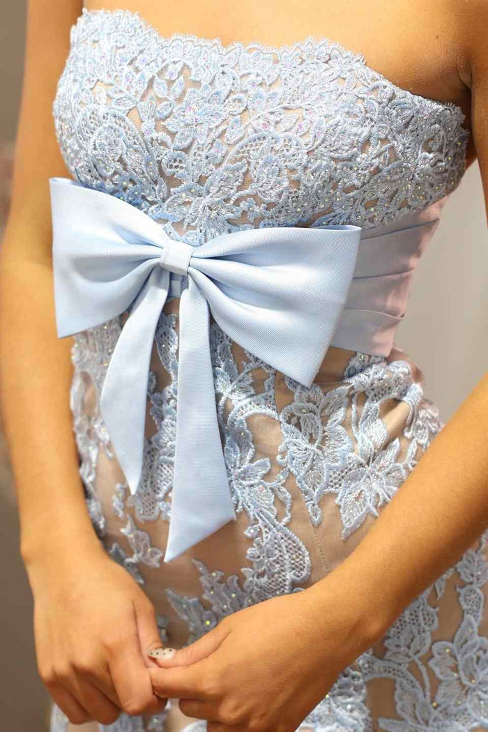 Strapless Lace Appliques Bow High Slit Sleeveless Long Prom Dress
