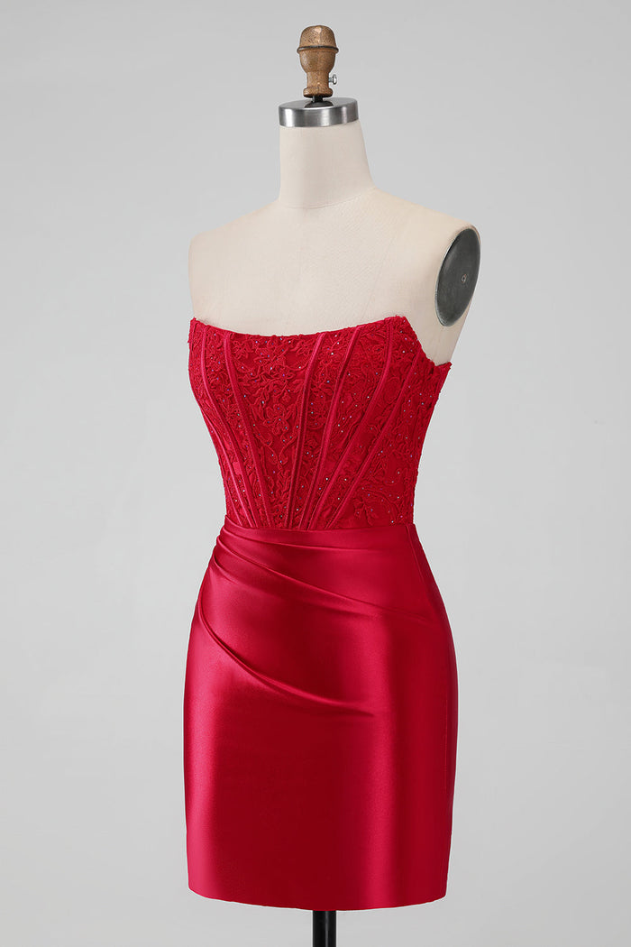 Strapless Lace Ruched Bodycon Short Homecoming Dress in red