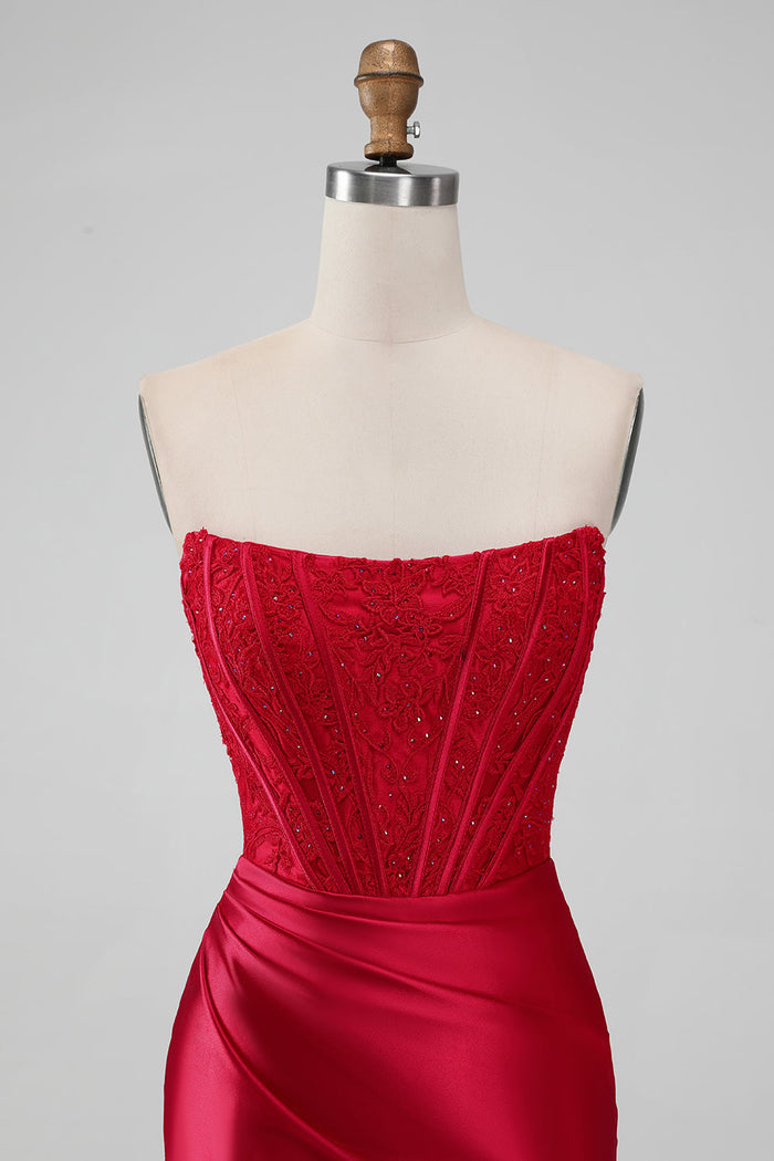 Strapless Lace Ruched Bodycon Short Homecoming Dress in red