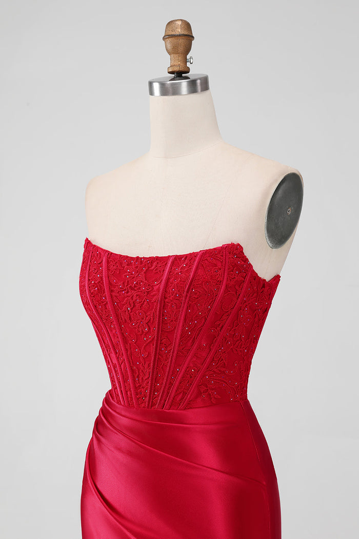 Strapless Lace Ruched Bodycon Short Homecoming Dress in red