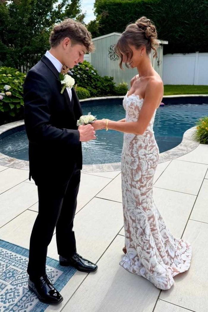 Strapless Lace Sleeveless Mermaid Long Prom Dress
