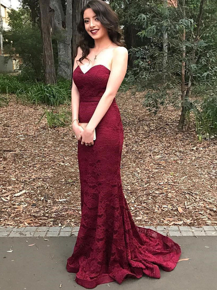 Strapless Mermaid Long Burgundy Lace Bridesmaid Dress