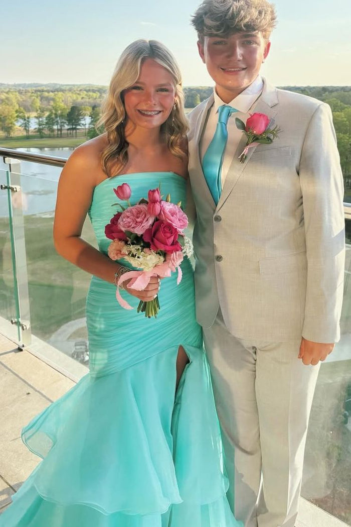 Strapless Mermaid Pleated Ruffles Sleeveless Prom Dress with Slit