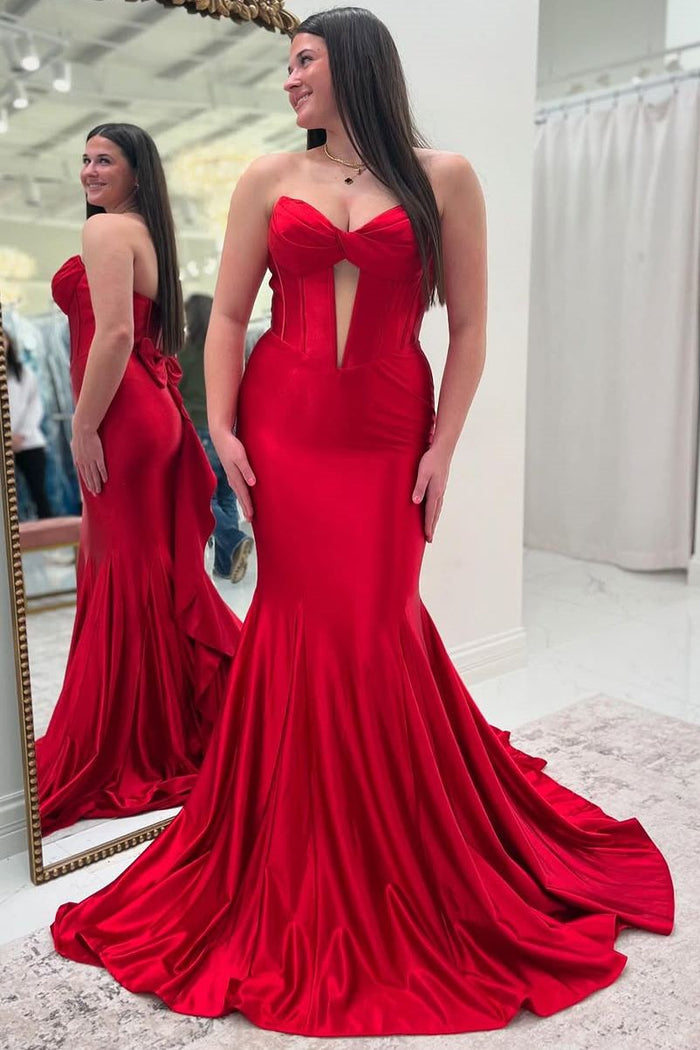 Strapless Mermaid Satin Pleated Sleeveless Long Prom Dress with Bow