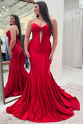 Strapless Mermaid Satin Pleated Sleeveless Long Prom Dress with Bow