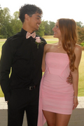 Strapless Pink Pleats Tight Sleeveless Short Homecoming Dress with Ribbon