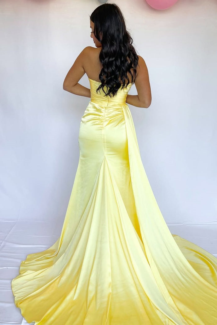 Strapless Pleated Satin Sleeveless Formal Prom Dress with Slit