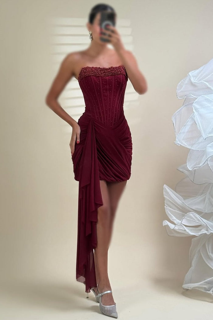 Strapless Pleats Sleeveless Beads Short Homecoming Party Dress