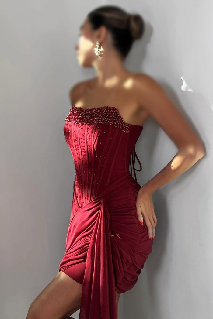 Strapless Pleats Sleeveless Beads Short Homecoming Party Dress