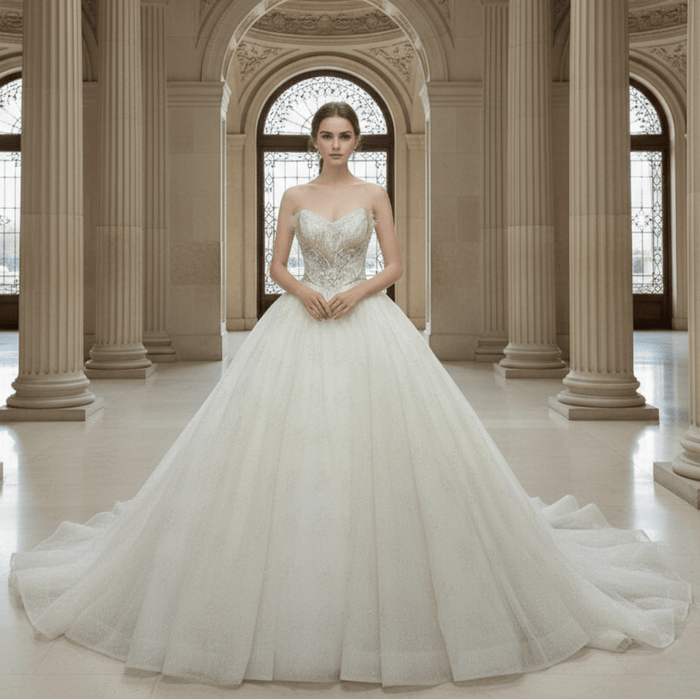 Strapless Puffy Skirt Sweetheart Lace Ball Gown Bridal Wedding Dress - Rosymae