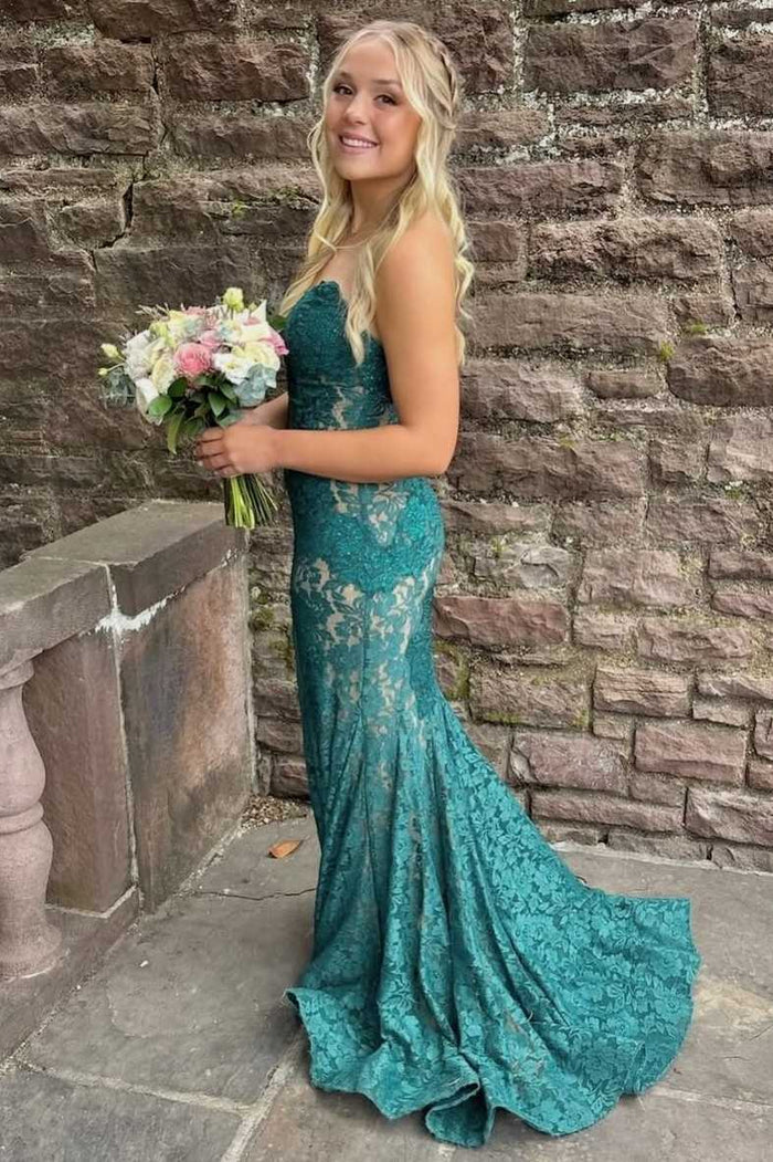 Strapless Red Appliques Mermaid Sleeveless Lace Long Prom Dress