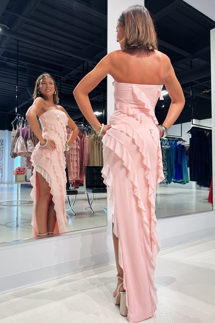 Strapless Ruffle Chiffon Maxi Dress with Slit in Pink