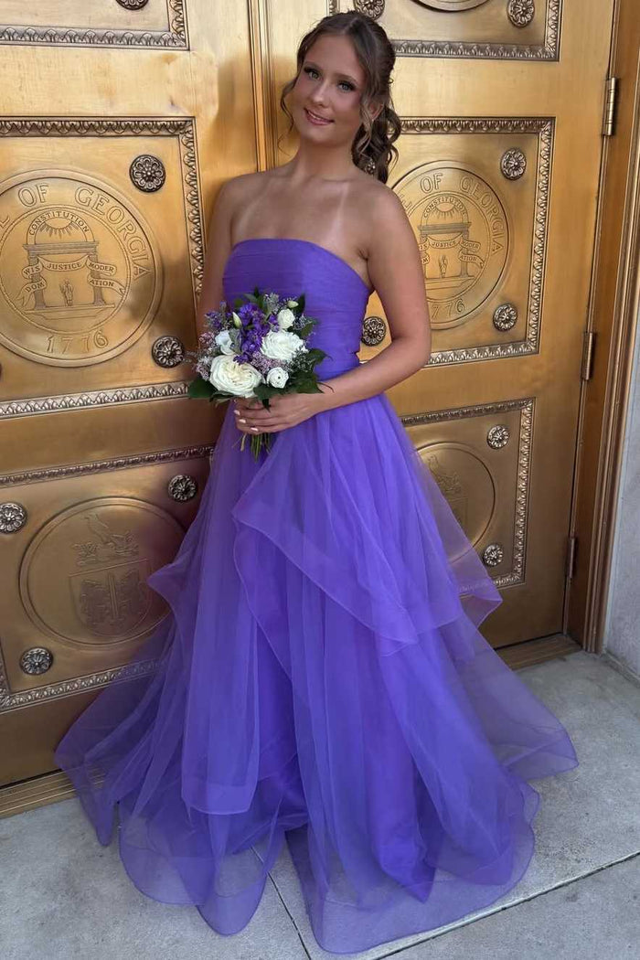 Strapless Ruffles A-Line Sleeveless Empire-Waist Tulle Long Prom Dress